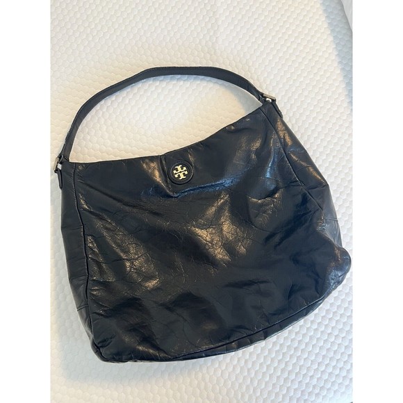 TORY BURCH Classic City Hobo Leather Shoulder Bag Slouchy Purse Brass Logo - Picture 2 of 16